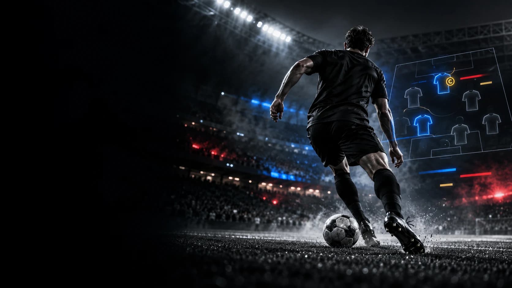 Soccer player in a floodlit stadium beside a fantasy lineup graphic